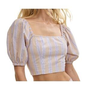 New Aerie Womens Small Striped Puff Sleeve 100% Cotton Smocked Square Neck Top